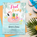 Bright Tropical pool party pink flamingo Sweet 16 Invitation<br><div class="desc">Make a splash with our summer vibrant and tropical Sweet 16 birthday invitations! Get your flamingo floats and swimsuits ready for a party that's sure to be bright fun and unforgettable! Featuring a pink flamingo floater illustration Sweet 16 with cocktail, holographic retro sunglasses, palm tree leaf, pineapple and pool water...</div>