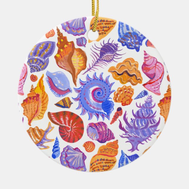 Bright tropical seashell, hand-drawn pattern ceramic tree decoration (Front)
