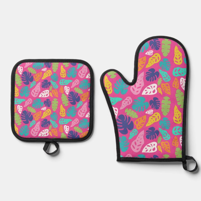 Bright Tropical Summer Leaves Pattern Oven Mitt & Pot Holder Set (Front)
