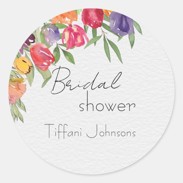 Bright Tulips and Greenery Bridal Shower Classic Round Sticker (Front)