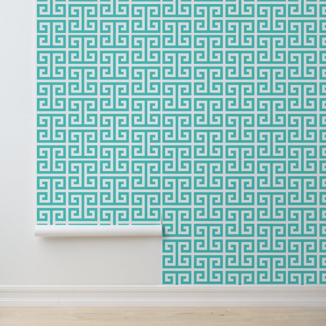 Bright Turquoise and White Greek Key Wallpaper (Application)