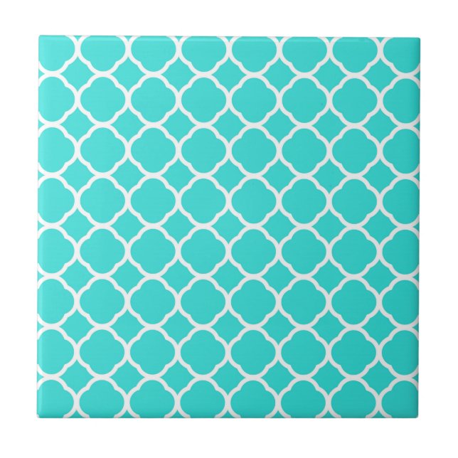 Bright Turquoise and White Quatrefoil Pattern Tile (Front)