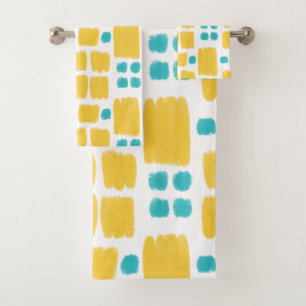Bright Turquoise and Yellow painted shapes Bath Towel Set
