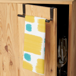 Bright Turquoise and Yellow painted shapes Tea Towel