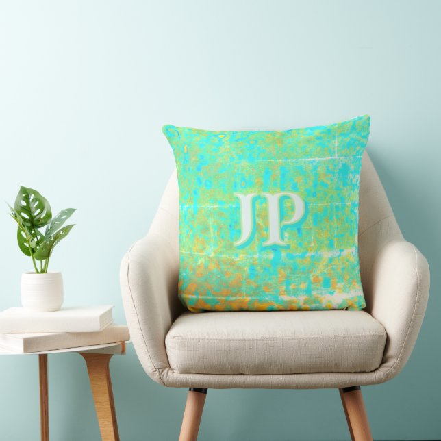 Bright Turquoise Distressed Ocean Texture Monogram Cushion (Chair)