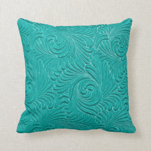 Bright Turquoise Embossed Floral Damasks Cushion