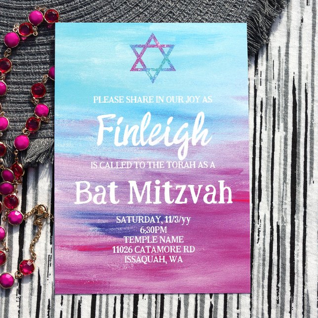 Bright Turquoise Hot Pink Glitter Star Bat Mitzvah Invitation (Abstract Pink, Turquoise, Blue Bat Mitzvah Invitations, White Script Writing, Glitter Star of David)