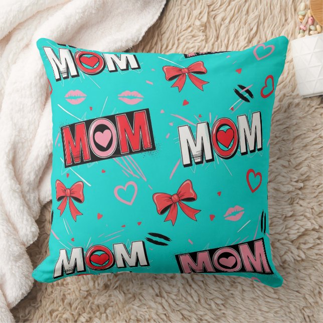 Bright Turquoise MOM Hearts Bows Pop Pattern Cushion (Blanket)