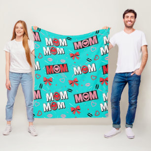 Bright Turquoise MOM Hearts Bows Pop Pattern Fleece Blanket