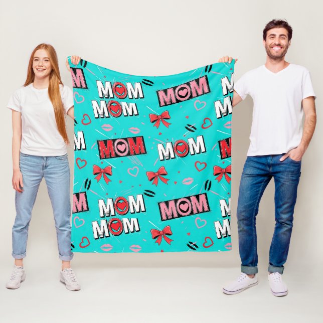 Bright Turquoise MOM Hearts Bows Pop Pattern Fleece Blanket (In Situ)