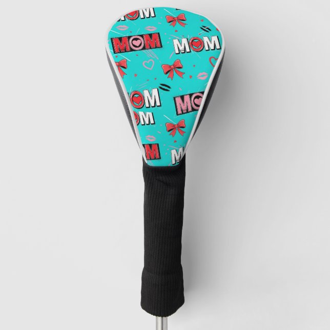 Bright Turquoise MOM Hearts Bows Pop Pattern Golf Head Cover (Front)