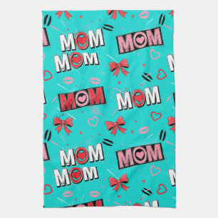 Bright Turquoise MOM Hearts Bows Pop Pattern Tea Towel