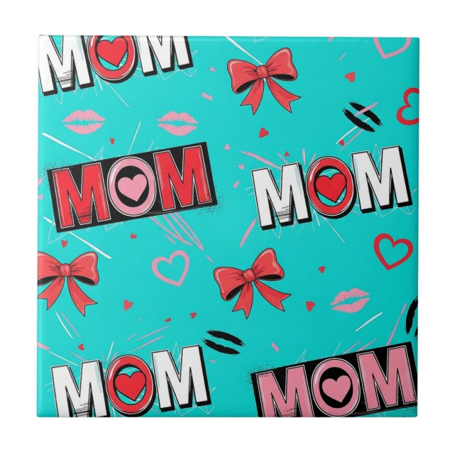 Bright Turquoise MOM Hearts Bows Pop Pattern Tile (Front)