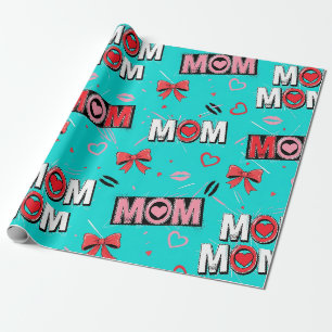 Bright Turquoise MOM Hearts Bows Pop Pattern Wrapping Paper
