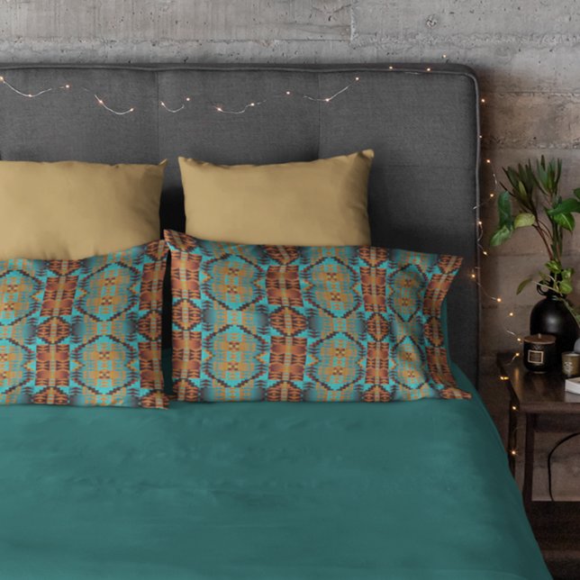Bright Turquoise Teal Aqua Blue Orange Tribal Art Pillowcase (Creator Uploaded)