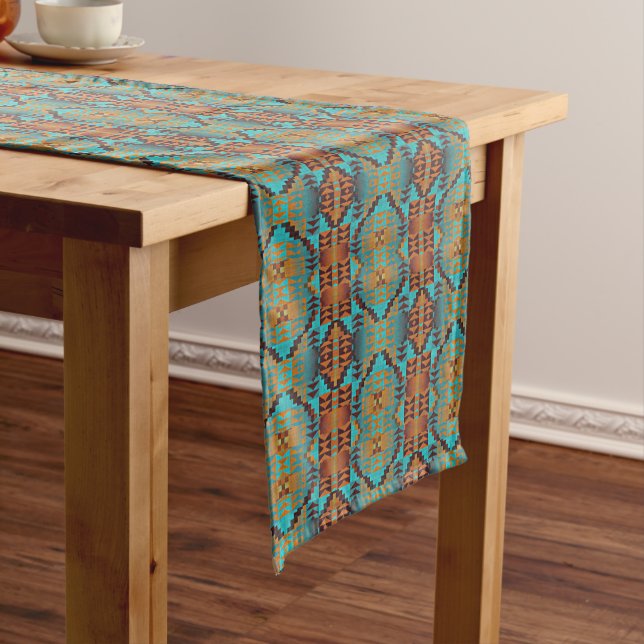 Bright Turquoise Teal Aqua Blue Orange Tribal Art Short Table Runner (In Situ)