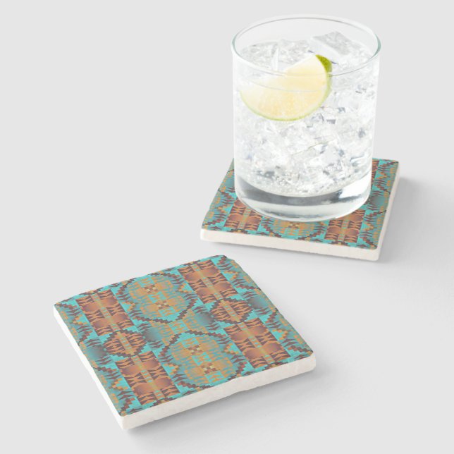 Bright Turquoise Teal Aqua Blue Orange Tribal Art Stone Coaster (Side)
