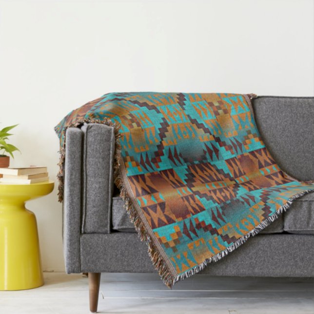 Bright Turquoise Teal Aqua Blue Orange Tribal Art Throw Blanket (Creator Uploaded)