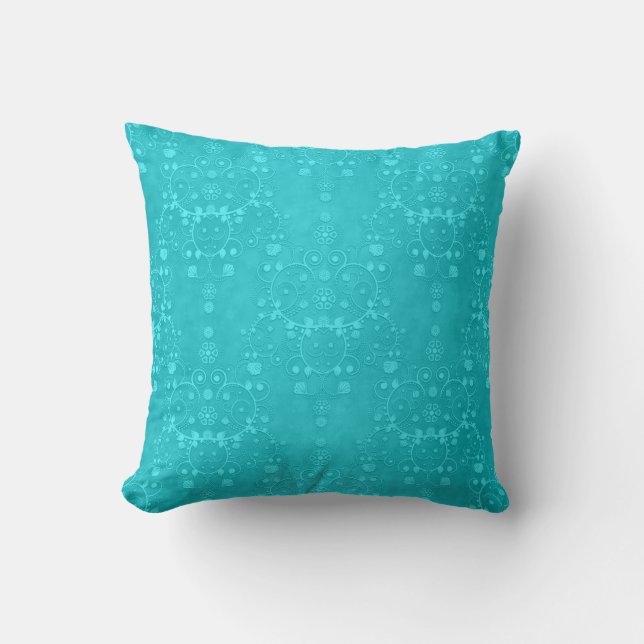 Bright Turquoise Teal Aqua Damask Pattern Cushion (Front)