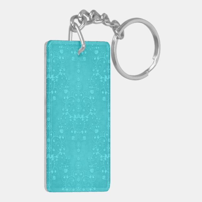 Bright Turquoise Teal Aqua Damask Pattern Key Ring (Back Left)