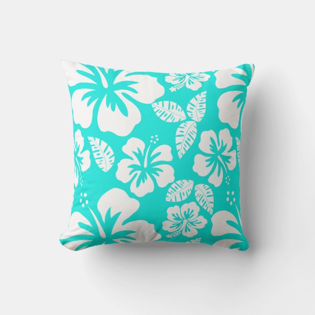 Bright Turquoise Tropical Hibiscus Cushion (Front)