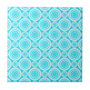 Bright Turquoise White Geometric Circles Pattern Tile