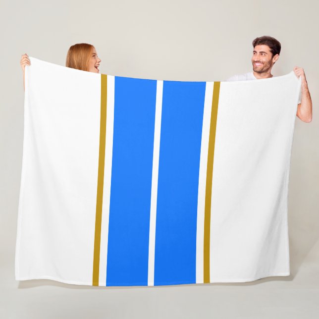 Bright Twin Nautical Blue Racing Stripes On White Fleece Blanket (In Situ)