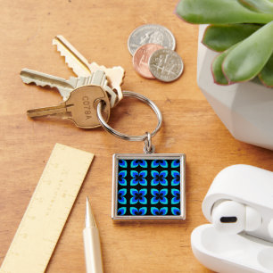 Bright Two Toned Blue Flower Pattern Key Ring