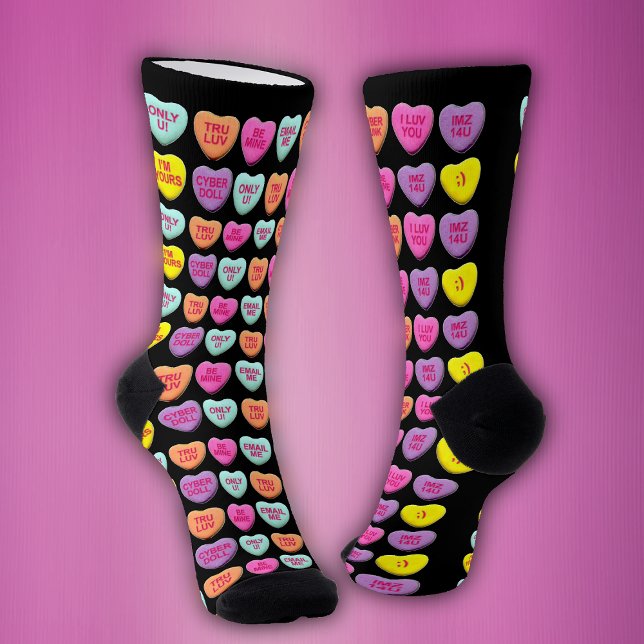 Bright Valentine Candy Hearts Sayings Colourful Socks (Black crew socks for Valentines Day covered in bright candy hearts with love sayings.)