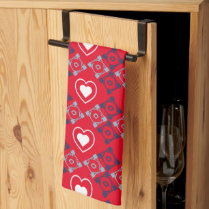 Bright Valentines Hearts Pattern Red Teal Tea Towel