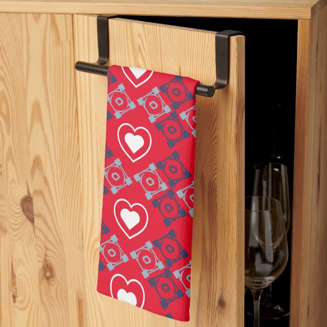 Bright Valentines Hearts Pattern Red  Teal Tea Towel (Thirds Fold)