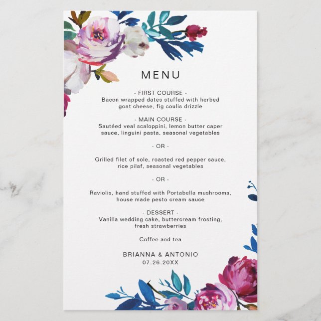 Bright Vibrant Floral Modern Budget Wedding Menu (Front)