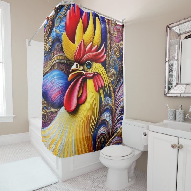 Bright Vibrant Rooster  Shower Curtain (In Situ)