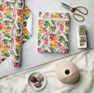 BRIGHT VINTAGE FLORAL BLOOMS ON PINK THROW PILLOW WRAPPING PAPER
