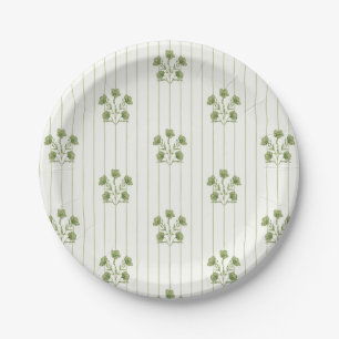 Bright Vintage Green Flower Stripes Paper Plate