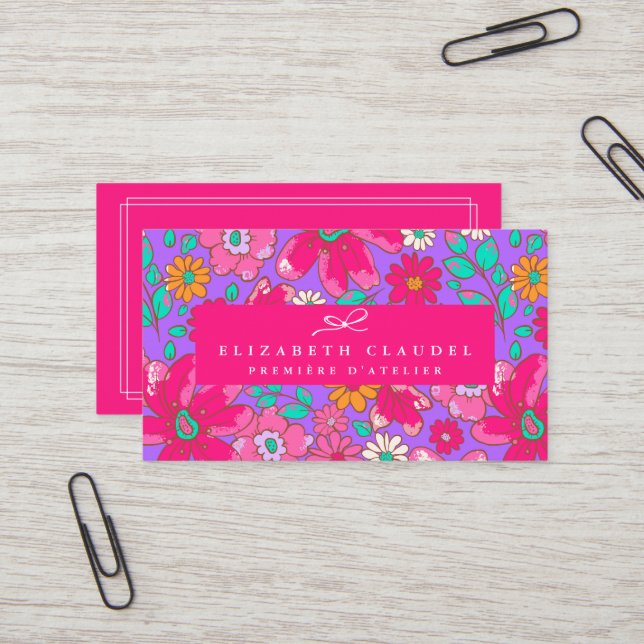 Bright Violet Purple and Hot Pink Floral  Business Card (Front/Back In Situ)