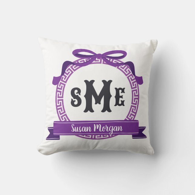 Bright Violet Purple Greek Key Bow Monogram Cushion (Front)