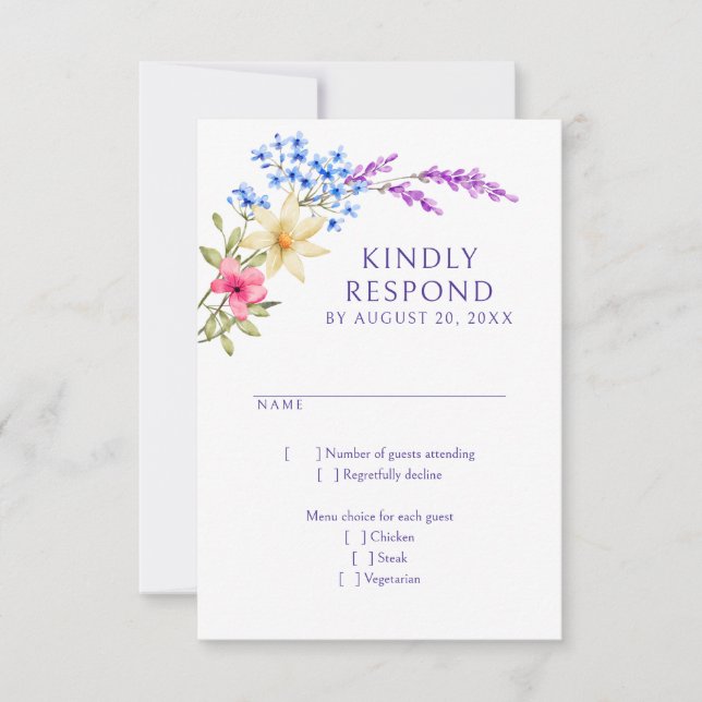Bright Vivid Colours Wildflower Wedding RSVP Card (Front)