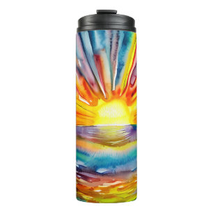 Bright Vivid Sunset over the Water Watercolor Thermal Tumbler