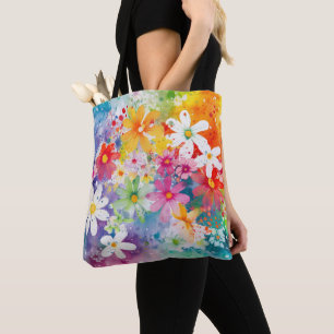 BRIGHT WATERCOLOR ABSTRACT FLOWERS TOTE BAG