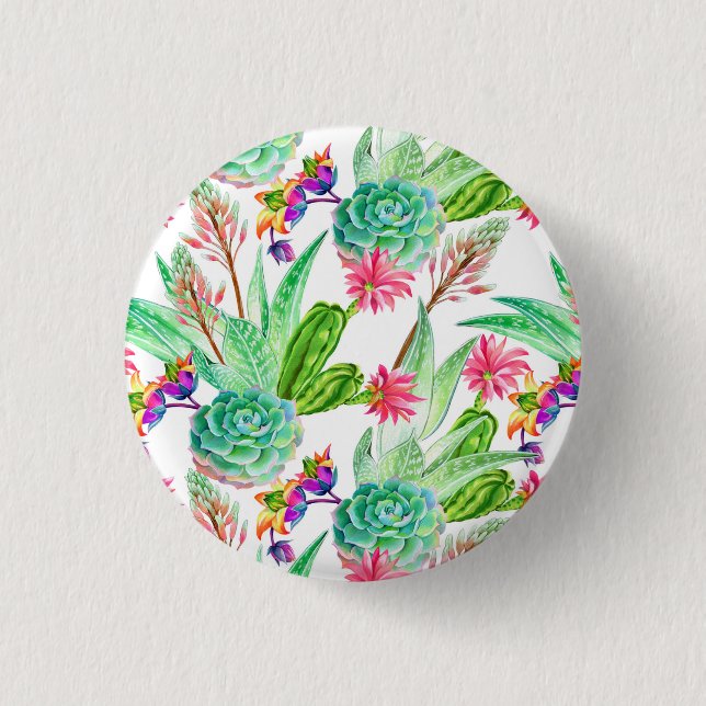Bright Watercolor Cactus & Succulent Pattern 3 Cm Round Badge (Front)