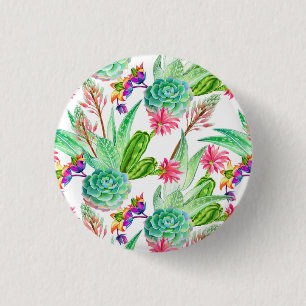 Bright Watercolor Cactus & Succulent Pattern 3 Cm Round Badge