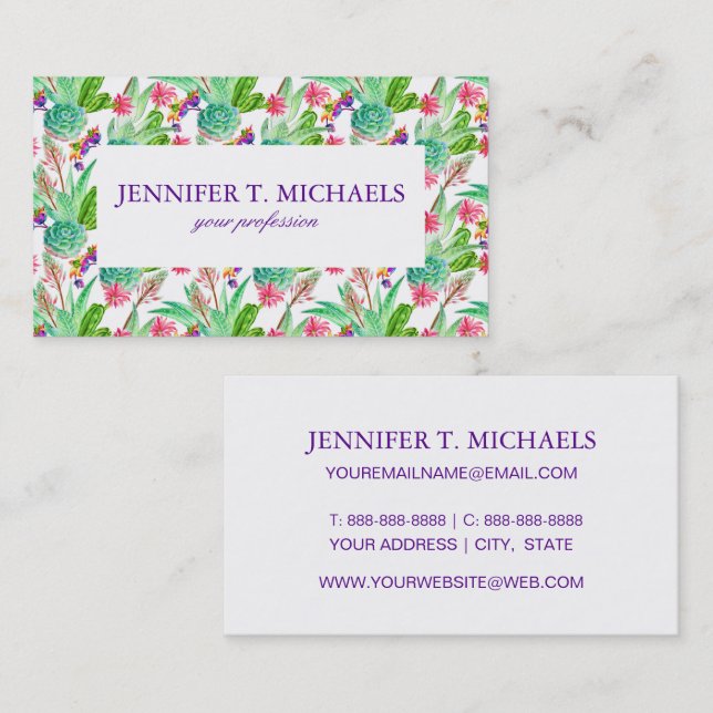 Bright Watercolor Cactus & Succulent Pattern Business Card (Front/Back)
