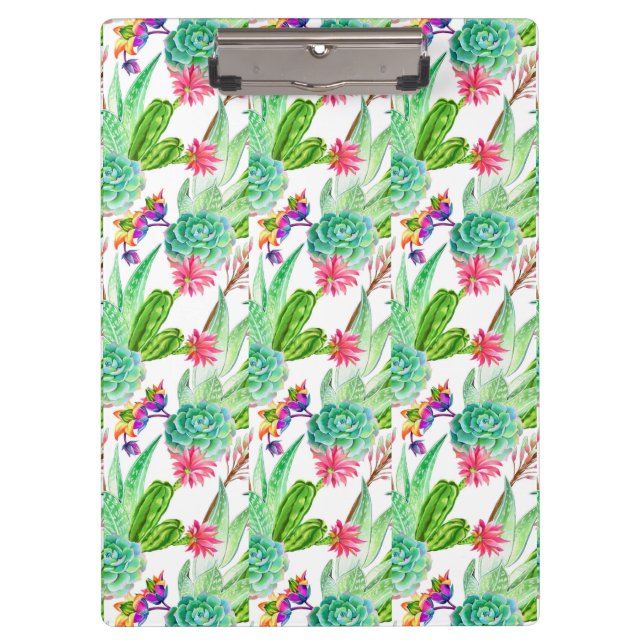 Bright Watercolor Cactus & Succulent Pattern Clipboard (Front)