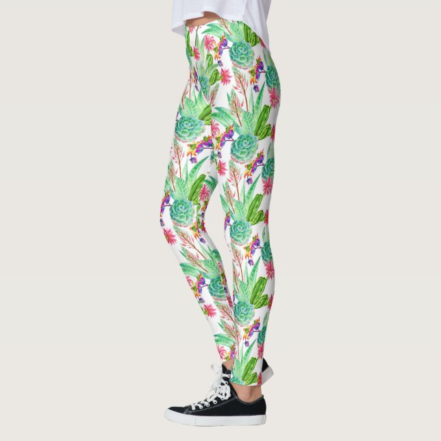 Bright Watercolor Cactus & Succulent Pattern Leggings (Left)