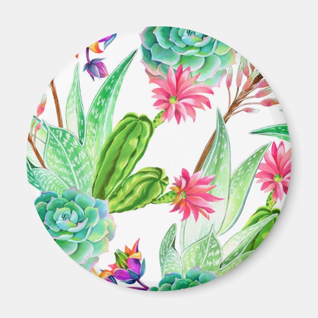 Bright Watercolor Cactus & Succulent Pattern Magnet (Front)