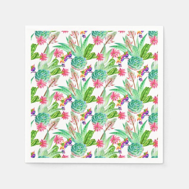 Bright Watercolor Cactus & Succulent Pattern Napkin (Front)