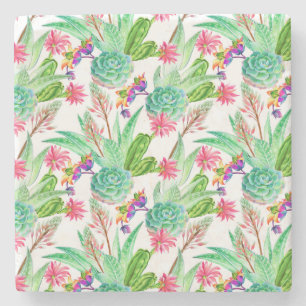 Bright Watercolor Cactus & Succulent Pattern Stone Coaster