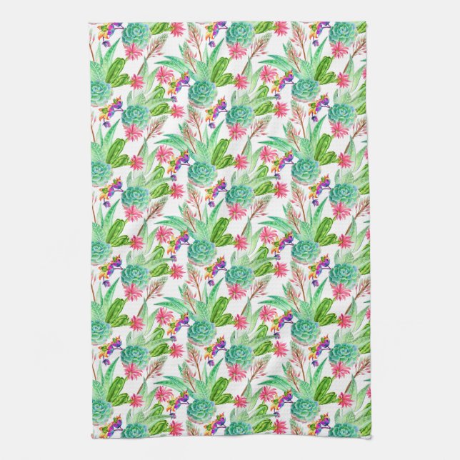 Bright Watercolor Cactus & Succulent Pattern Tea Towel (Vertical)