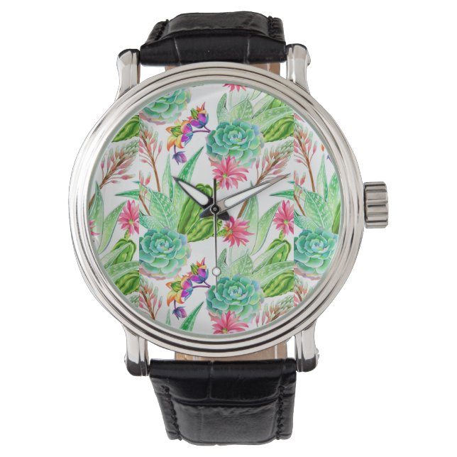 Bright Watercolor Cactus & Succulent Pattern Watch (Front)